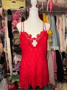 Red Lace Chemise with Floral Appliqué